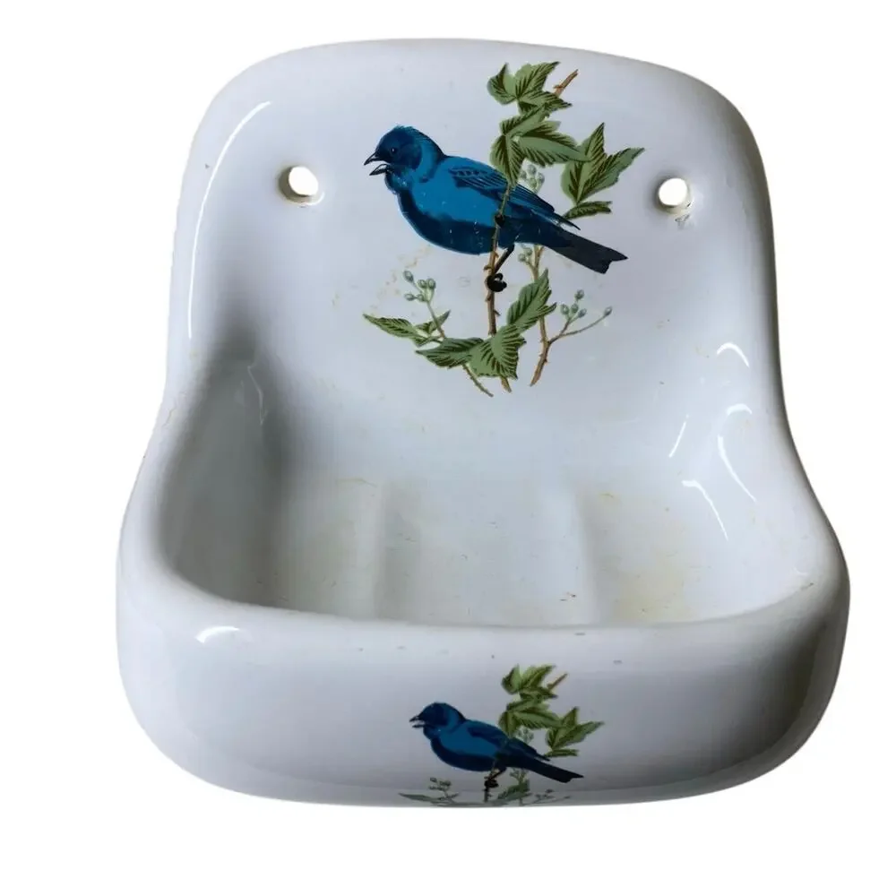Vintage Soap Dish Porcelain De Paris France Wall Hanging White Blue Bird